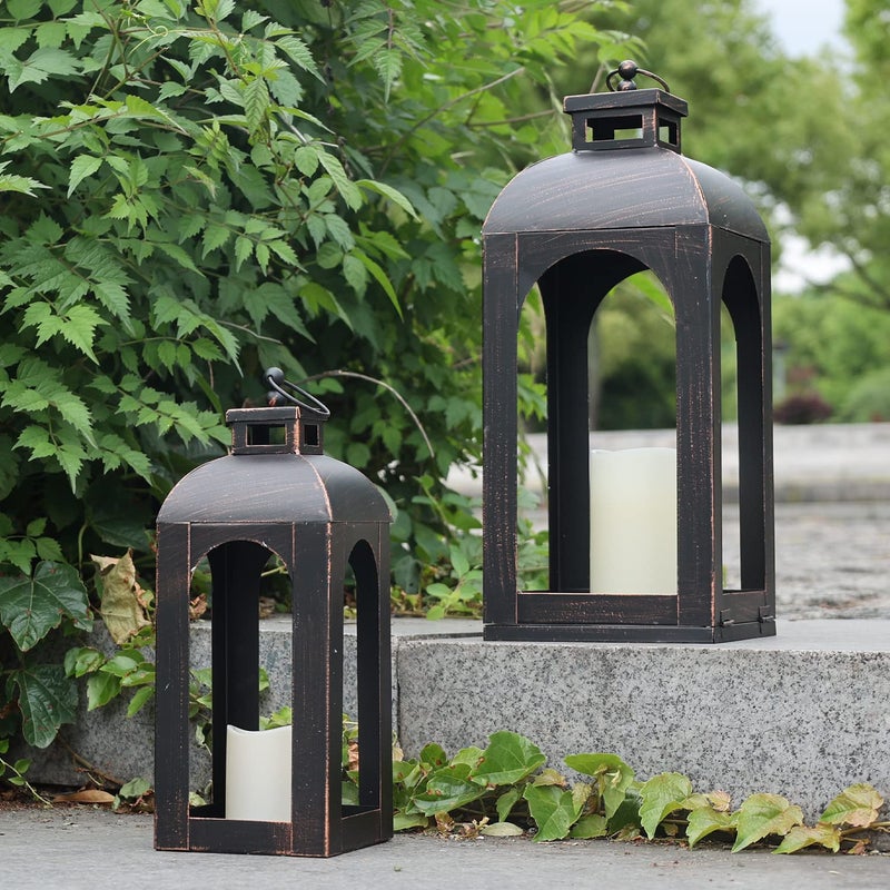 DECORKEY LED Lantern Decorative OutdoorIndoor Set of 2 1713 Black Metal Lanterns Decor Vintage Hanging Candle Holder for Home Porch Wedding Halloween Christmas Decorations Battery Powered