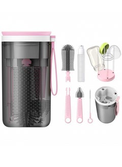 Super ZYouth Portable Bottle Brush Cleaner Set, Travel Bottle Cleaner Kit for Baby with Silicone Bottle, Nipple and Straw Brush, Stirring Head, Soap Dispenser, Drying Rack and Storage Box, Pink  - Image 1