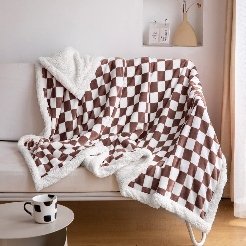 LOMAO Sherpa Throw Blanket Fleece Blanket with Checkered Pattern Soft Thick Blanket for Couch  Bed  Sofa Luxurious Warm and Cozy for All Seasons (Coffee  51""x63"") - Image 1