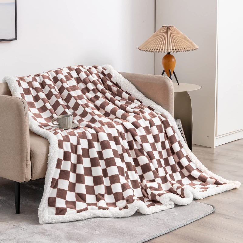 LOMAO Sherpa Throw Blanket Fleece Blanket with Checkered Pattern Soft Thick Blanket for Couch  Bed  Sofa Luxurious Warm and Cozy for All Seasons (Coffee  51""x63"") - Image 2