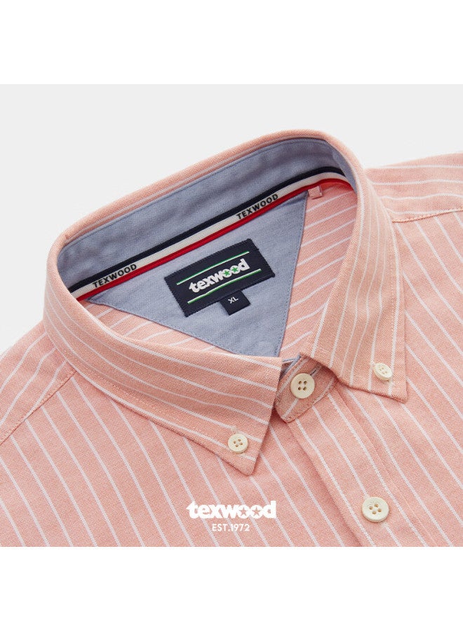 Texwood Men's Orange Oxford Stripe Cotton Long Sleeve Shirt Casual Fashion Versatile Mid-age Top XL - Image 2