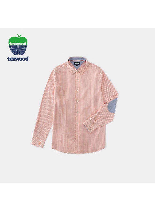 Texwood Men's Orange Oxford Stripe Cotton Long Sleeve Shirt Casual Fashion Versatile Mid-age Top XL - Image 1