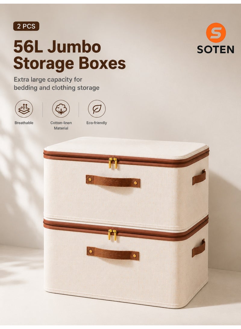 SOTEN 2 Pcs Jumbo Clothes Organizers Storage Box with Lids, Foldable Storage Boxes with Handles, Washable Fabric Storage Bins with Zippers, Extra Large Closet Organizer Wardrobe Organizer for Bedding & Seasonal Clothes, Space-Saving Storage Basket - Image 1