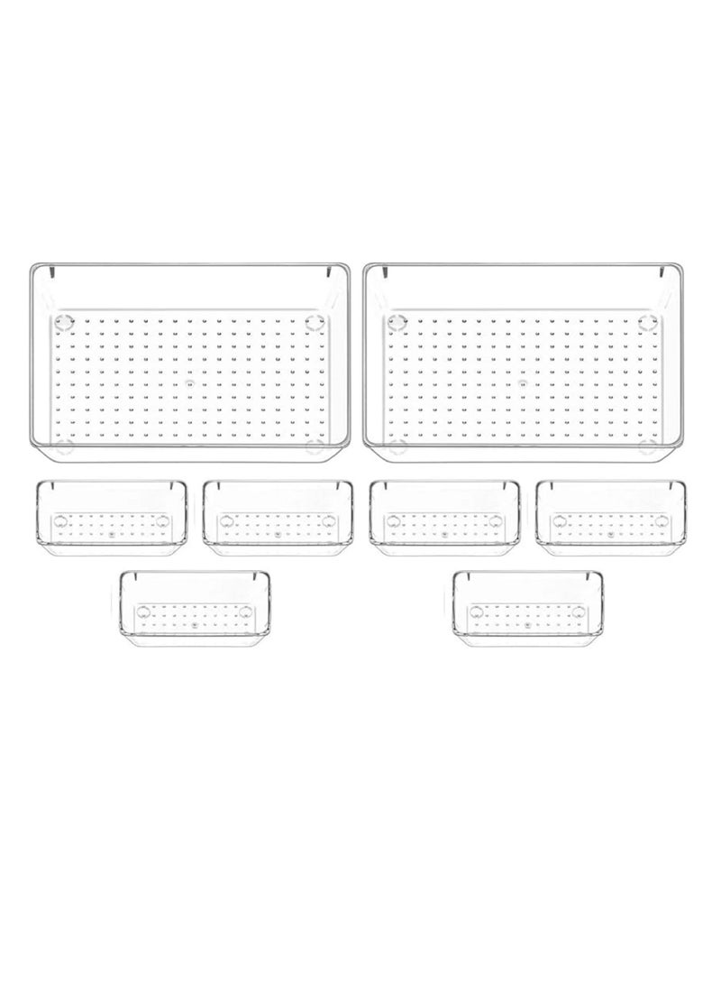 مجموعة من 8 قطعة من منظمات الدرج البلاستيكية الشفافة، متعددة الأحجام، تنظيم الدرج في الحمام والمكياج والمجوهرات وأدوات المطبخ والمكتب. - Image 1