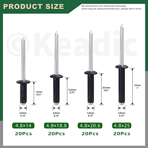 Keadic مجموعة كيديك 80 قطعة من المسامير العمياء، 4 أحجام من المسامير السوداء القابلة للانفجار (9/16"، 3/4"، 13/16"، 1")، مسامير عمياء من الألمنيوم ذات فلانج كبيرة للأثاث المعدني - Image 2