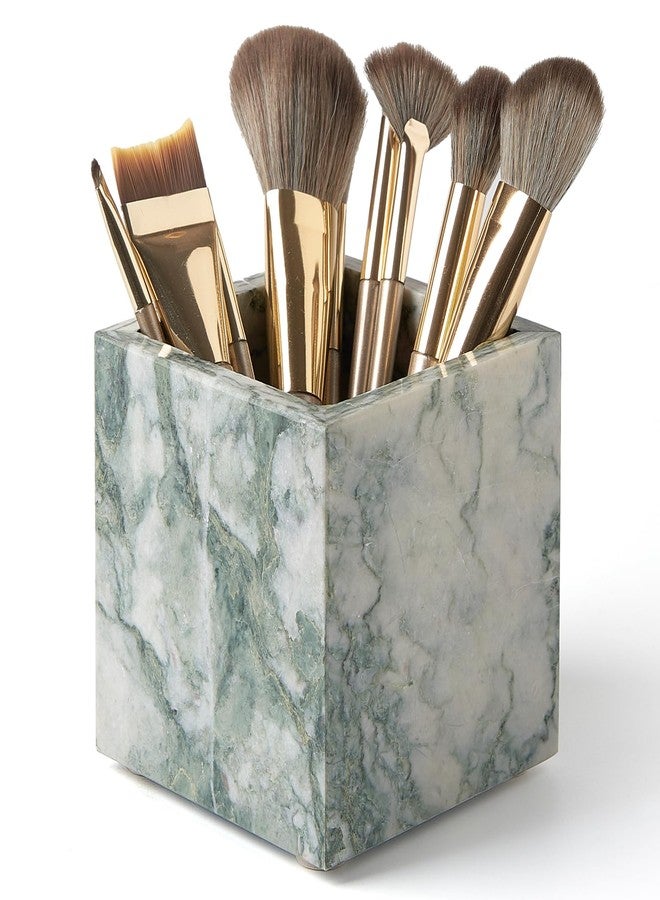 MULWR Real Luxurious Natural Marble Toothbrush Holder & Makeup Brush Organizer & Pen Holder for Desk,3.93inch Square Marble Utensil Holder Non-Ceramic/Non-Resin （Cyan Green） - Image 1