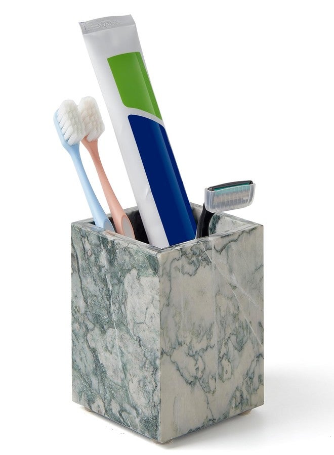 MULWR Real Luxurious Natural Marble Toothbrush Holder & Makeup Brush Organizer & Pen Holder for Desk,3.93inch Square Marble Utensil Holder Non-Ceramic/Non-Resin （Cyan Green） - Image 2