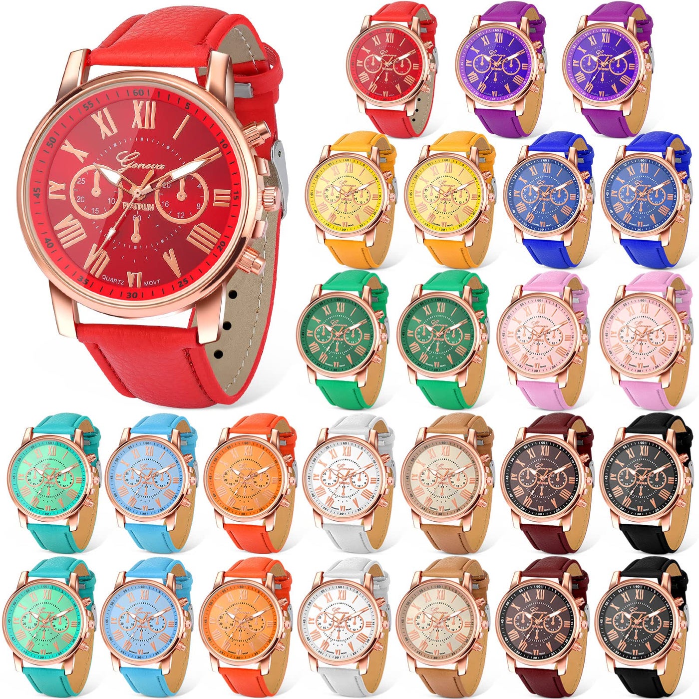 Outus 26 Pack Platinum Watch Unisex Quartz Watch Ladies Watch Sets Women's Wrist Watches with PU Leather Belt for Women Men(Assorted Colors)