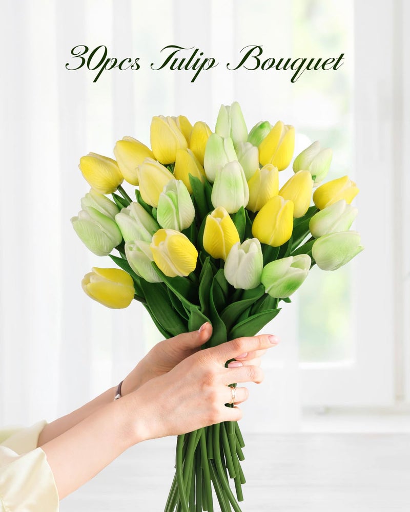 MACTING 30 PCS Artificial Tulip Flowers 13.7" Real Touch Fake Flowers Faux PU Tulips for Floral Arrangement Table Centerpieces Kitchen Home Indoor Outdoor Mothers Day Easter Spring Decor(Mix Green) - Image 5
