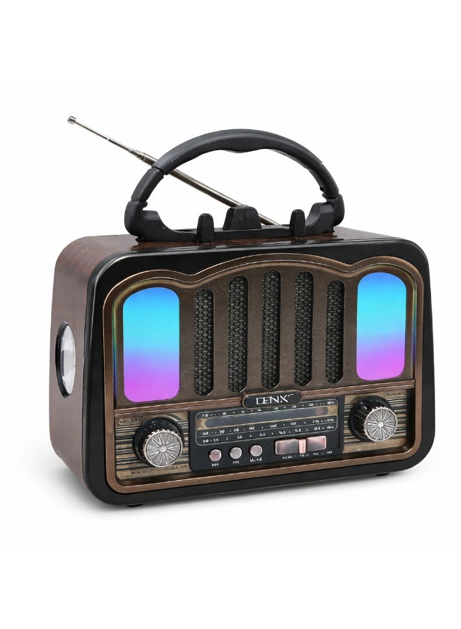 راديو محمول دينكس DX715 تصميم كلاسيك مع بلوتوث وFM/AM/SW وUSB وTF وAUX مع إضاءة RGB وكشاف – قابل للشحن
