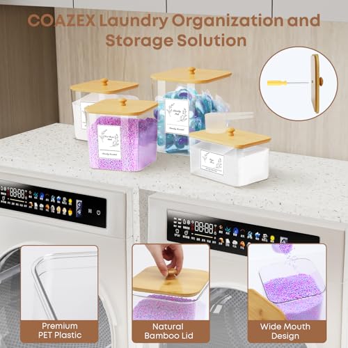 COAZEX 4 Pack Clear Laundry Pods Container & Dryer Sheet Holder, Plastic Square Laundry Room Organization and Storage Jars with Lids, Scoops & Labels for Detergent, Powder, Dryer Balls, Beads - Image 3