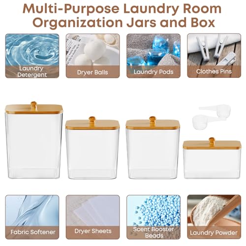 COAZEX 4 Pack Clear Laundry Pods Container & Dryer Sheet Holder, Plastic Square Laundry Room Organization and Storage Jars with Lids, Scoops & Labels for Detergent, Powder, Dryer Balls, Beads - Image 5