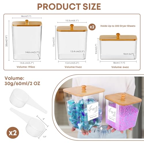 COAZEX 4 Pack Clear Laundry Pods Container & Dryer Sheet Holder, Plastic Square Laundry Room Organization and Storage Jars with Lids, Scoops & Labels for Detergent, Powder, Dryer Balls, Beads - Image 2