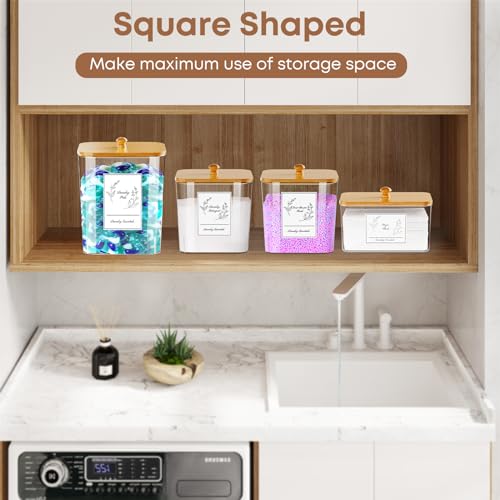 COAZEX 4 Pack Clear Laundry Pods Container & Dryer Sheet Holder, Plastic Square Laundry Room Organization and Storage Jars with Lids, Scoops & Labels for Detergent, Powder, Dryer Balls, Beads - Image 4