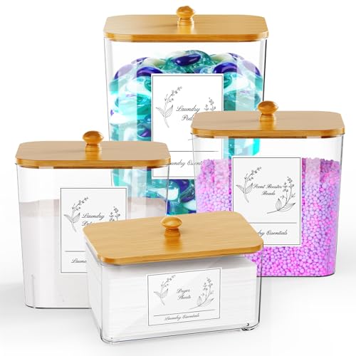 COAZEX 4 Pack Clear Laundry Pods Container & Dryer Sheet Holder, Plastic Square Laundry Room Organization and Storage Jars with Lids, Scoops & Labels for Detergent, Powder, Dryer Balls, Beads - Image 1
