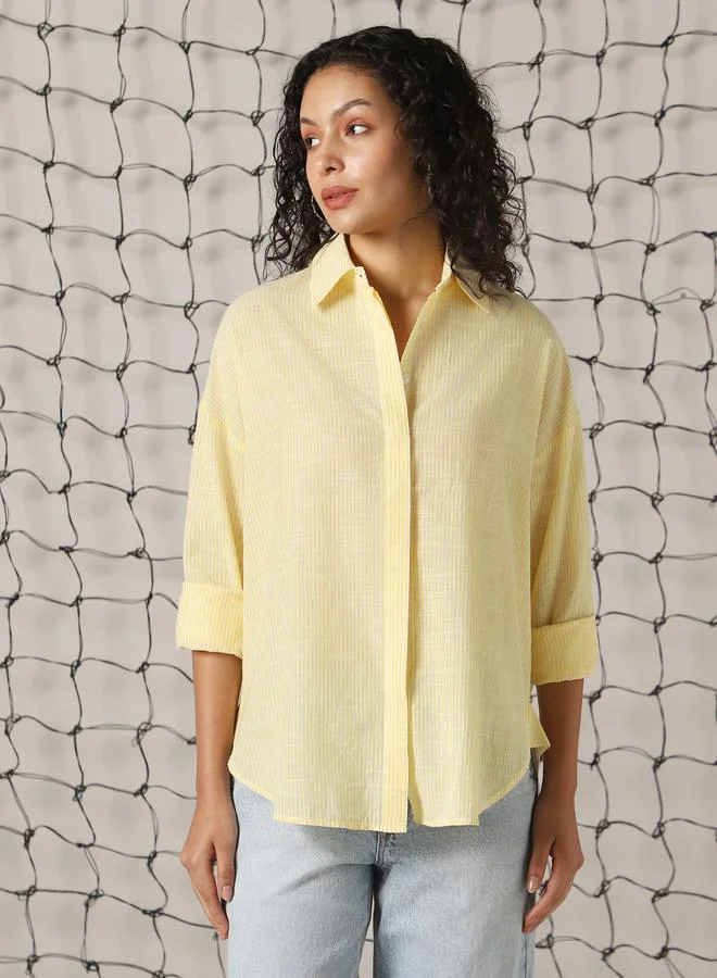 هوبرهولمي Women's Yellow 100% Cotton Striped Button Down Oversized Shirt