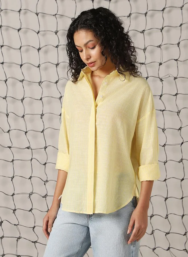 هوبرهولمي Women's Yellow 100% Cotton Striped Button Down Oversized Shirt