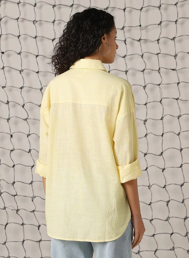 هوبرهولمي Women's Yellow 100% Cotton Striped Button Down Oversized Shirt