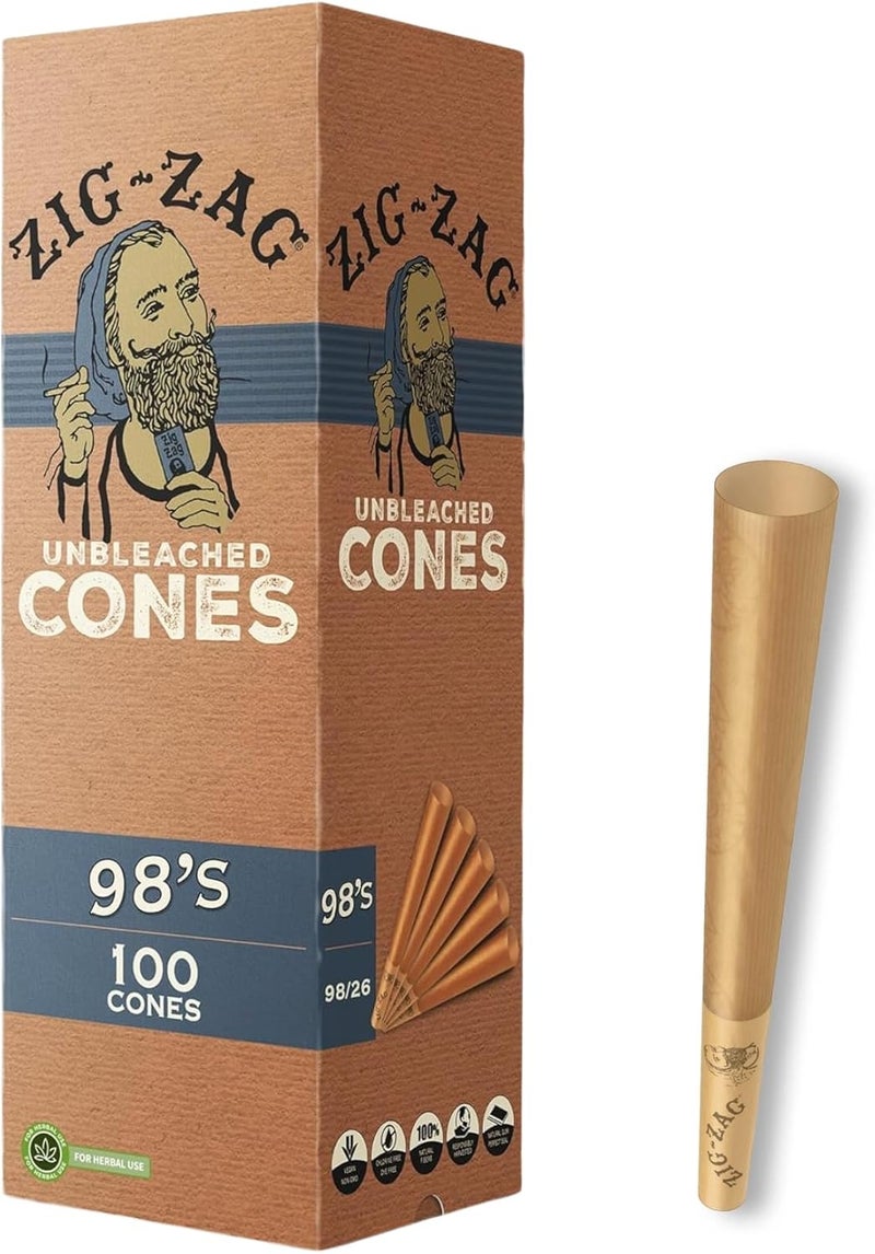 Zigzag Pre Rolled Cones 98’s Size (100 Pack) Unbleached - Slow Burning Pre Rolled Cones with Tips & Packing Tubes Included - Bulk Pack - Image 1