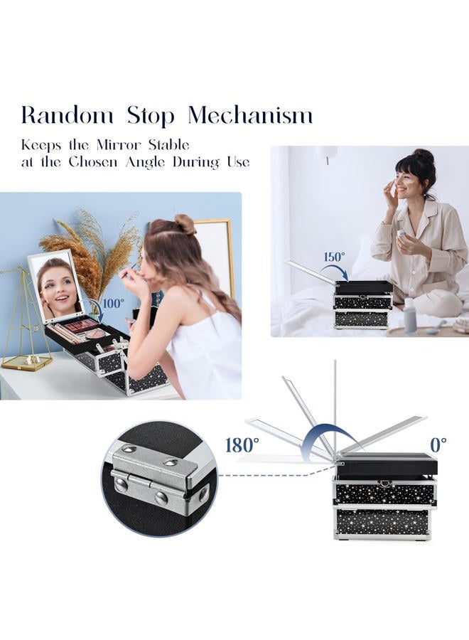 Joligrace Makeup Train Case Portable Cosmetic Box 2 Trays with Mirror Lockable for Makeup Nail Tech and Beauticians Traveling Makeup Storage Organizer - Black Star - Image 5