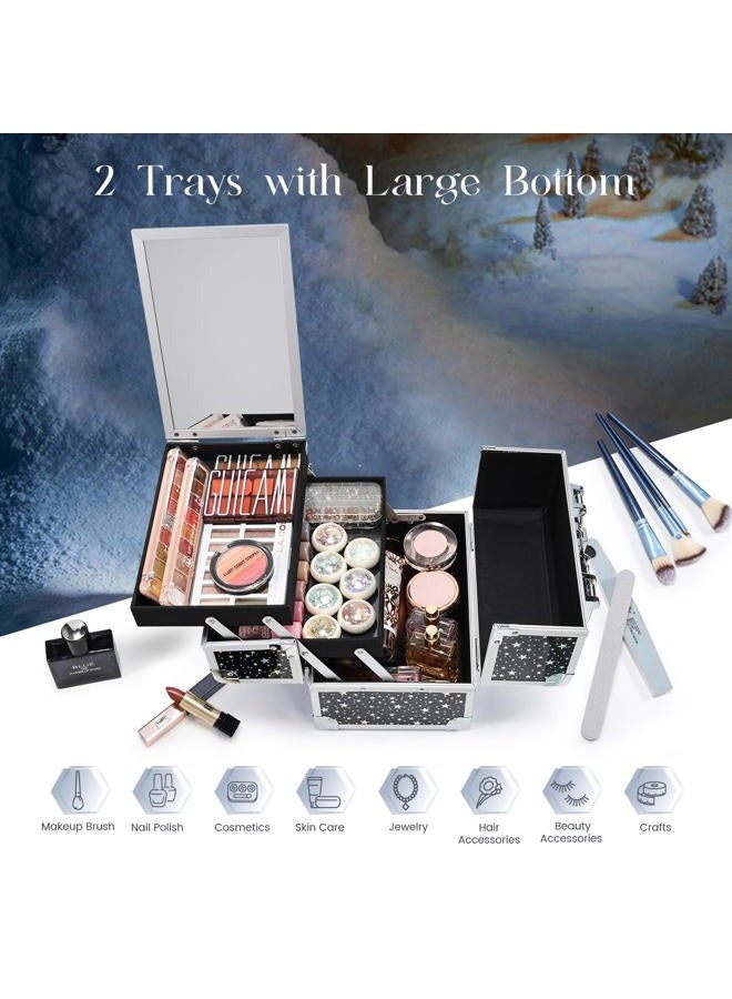 Joligrace Makeup Train Case Portable Cosmetic Box 2 Trays with Mirror Lockable for Makeup Nail Tech and Beauticians Traveling Makeup Storage Organizer - Black Star - Image 3