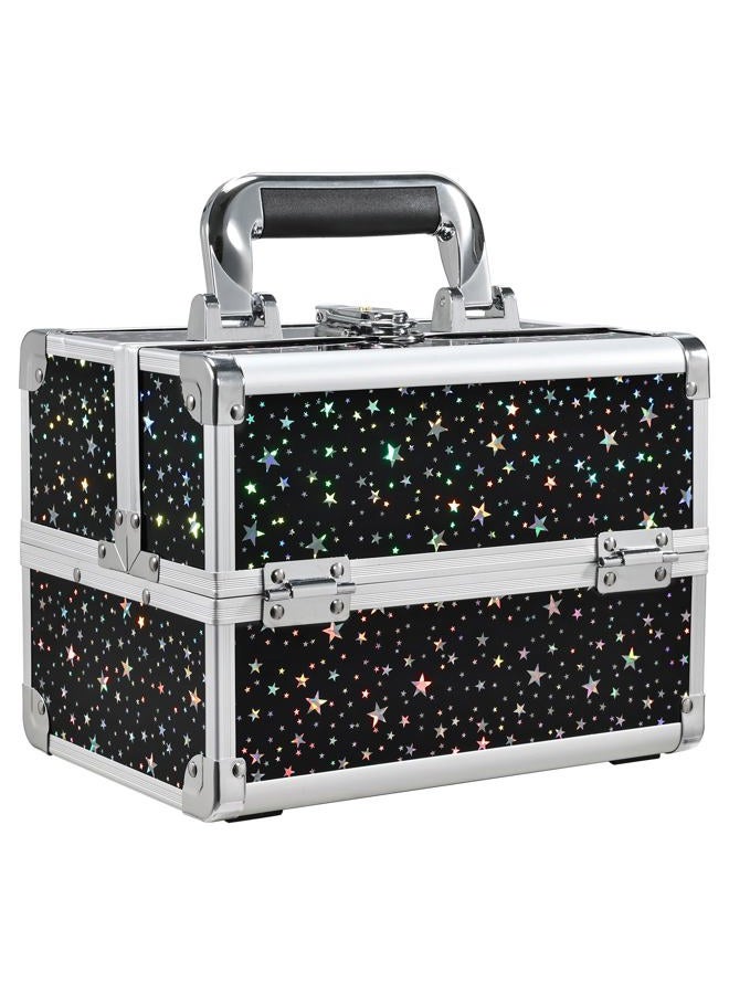 Joligrace Makeup Train Case Portable Cosmetic Box 2 Trays with Mirror Lockable for Makeup Nail Tech and Beauticians Traveling Makeup Storage Organizer - Black Star - Image 1