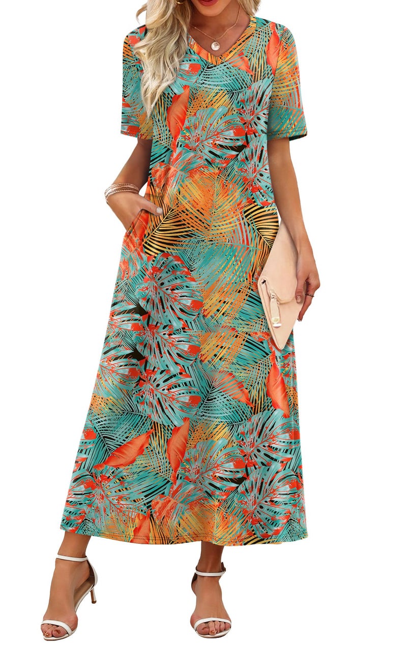 WIHOLL Dresses for Women 2026 Vacation Casual Maxi Hawaiian Dress Half Sleeve V Neck Cruise Outfits for Women Floral L - Image 1