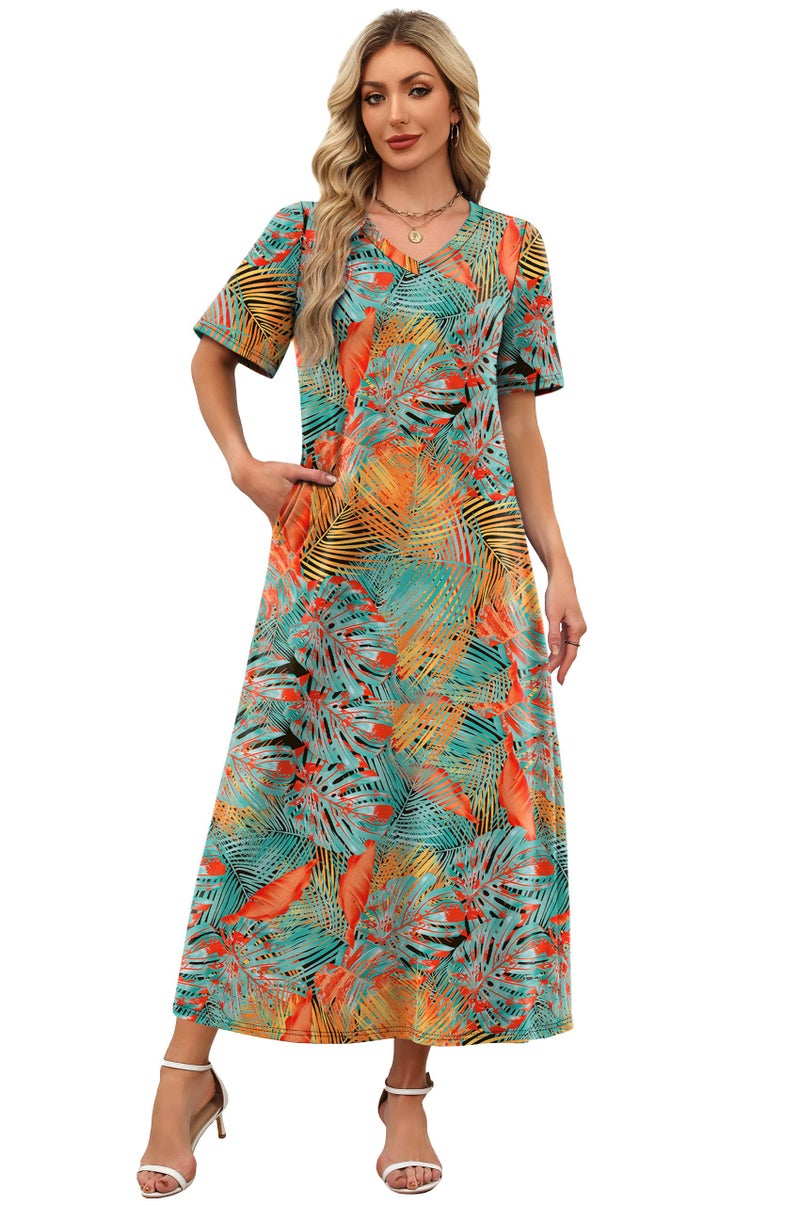 WIHOLL Dresses for Women 2026 Vacation Casual Maxi Hawaiian Dress Half Sleeve V Neck Cruise Outfits for Women Floral L - Image 3