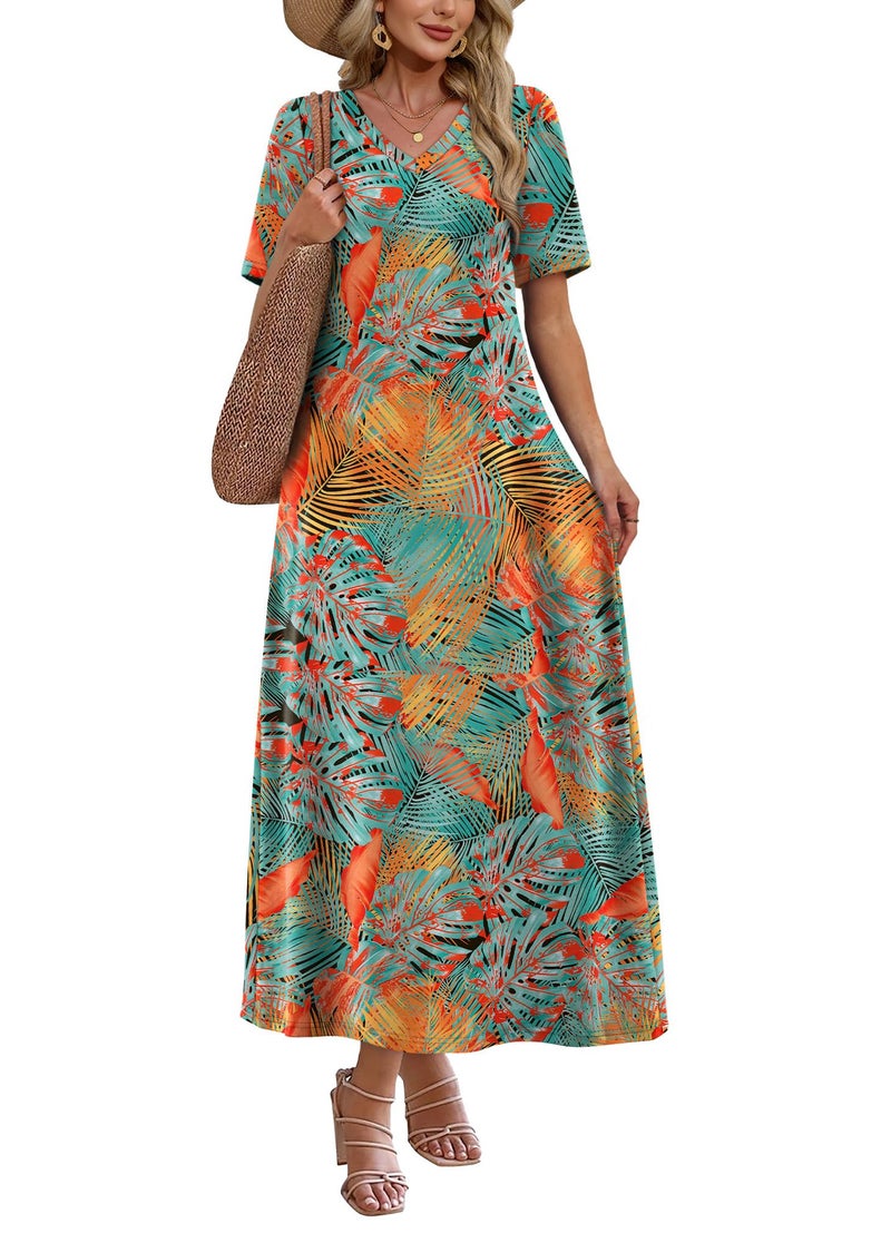 WIHOLL Dresses for Women 2026 Vacation Casual Maxi Hawaiian Dress Half Sleeve V Neck Cruise Outfits for Women Floral L - Image 2