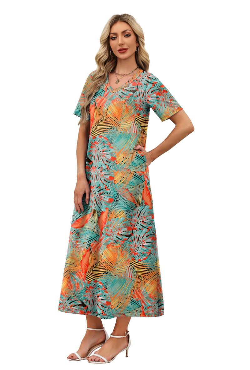 WIHOLL Dresses for Women 2026 Vacation Casual Maxi Hawaiian Dress Half Sleeve V Neck Cruise Outfits for Women Floral L - Image 4