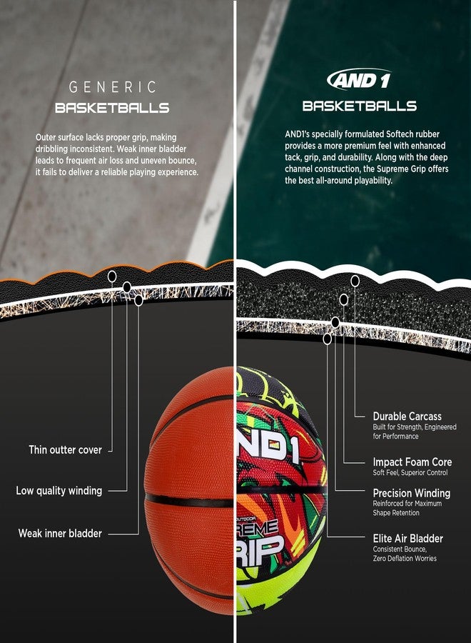 AND1 Supreme Grip Basketball: Official Regulation Size 7 (29.5 inches) Rubber Basketball - Deep Channel Construction Streetball, Made for Indoor Outdoor Basketball Games - Image 3