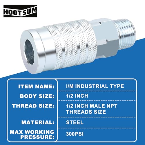 HOOTSUM 1/2" Air Hose Fittings Set, High Flow 1PC I/M Industrial Type Coupler with 1/2" MNPT, 2PCS Plugs with 1/2" NPT, 3PCS Steel Air Compressor Accessories Quick Connect Fittings 300PSI - Image 2