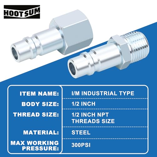 HOOTSUM 1/2" Air Hose Fittings Set, High Flow 1PC I/M Industrial Type Coupler with 1/2" MNPT, 2PCS Plugs with 1/2" NPT, 3PCS Steel Air Compressor Accessories Quick Connect Fittings 300PSI - Image 3