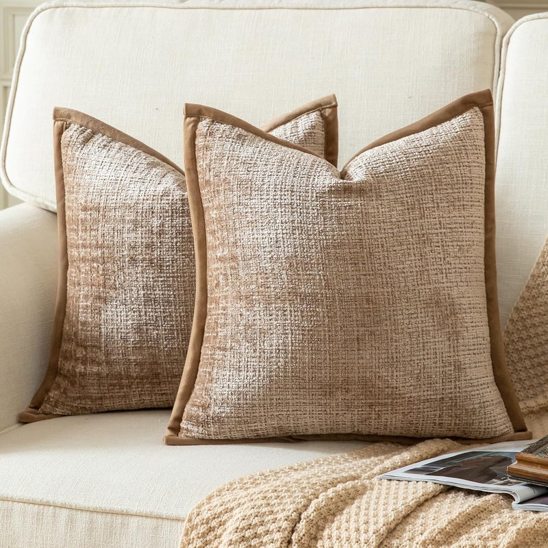 Yaertun Pack of 2 Chenille Textured Decorative Throw Pillow Covers Accent Solid Cushion Cover Soft Cozy Pillow Case with Velvet Back for Couch Sofa Bed Living Room 20x20 Inch Camel - Image 1