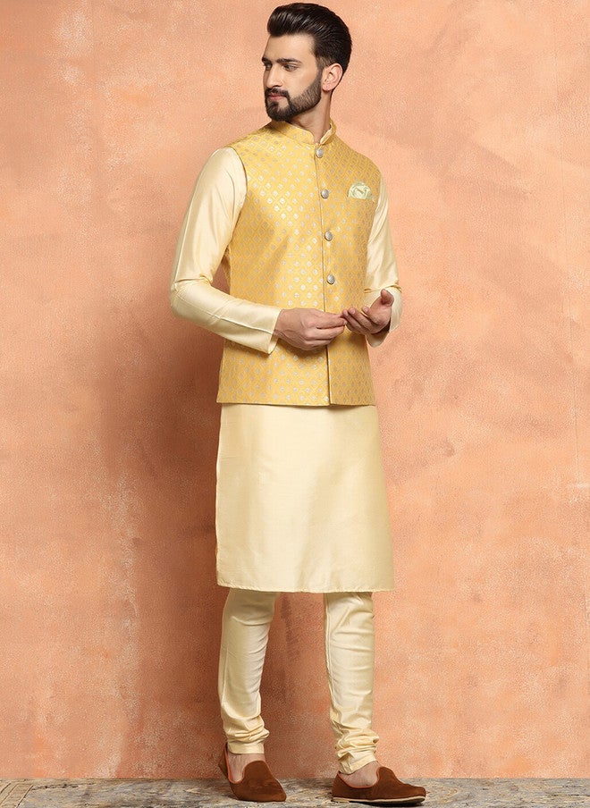 KISAH Mandarin Collar Kurta With Churidar & Nehru Jacket - Image 4