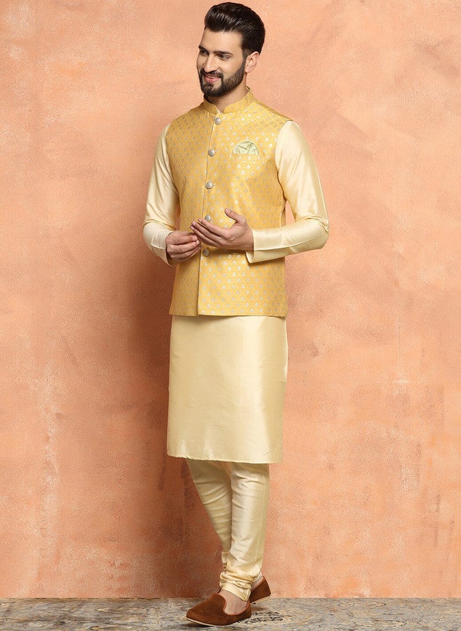 KISAH Mandarin Collar Kurta With Churidar & Nehru Jacket - Image 5