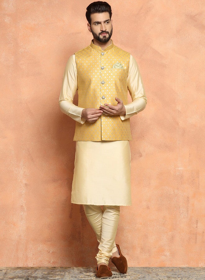 KISAH Mandarin Collar Kurta With Churidar & Nehru Jacket - Image 1