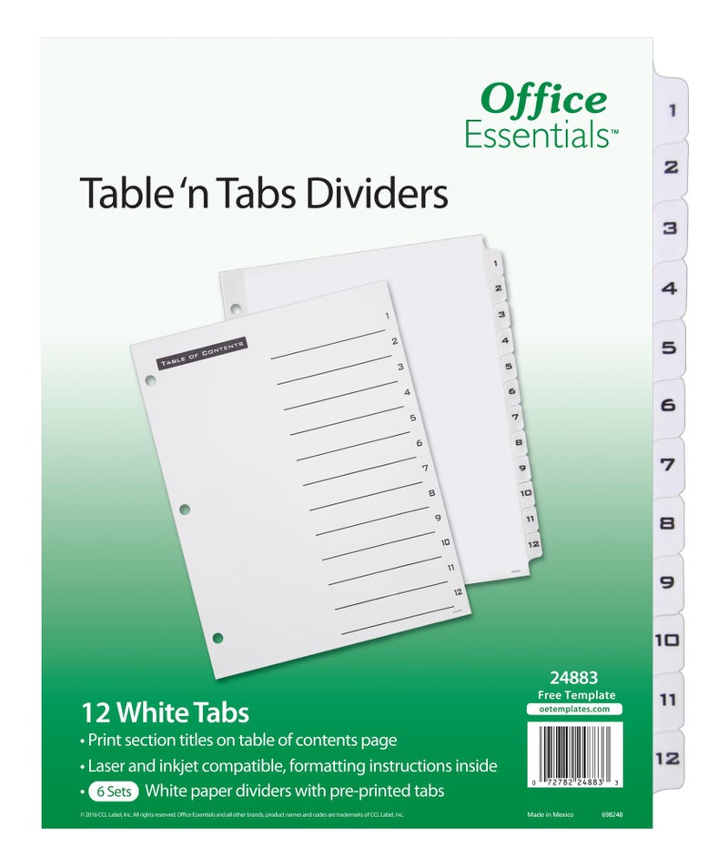 Office Essentials Table 'n Tabs Dividers, 8-1/2" x 11", 1-12 Tab, Black/White Tab, Laser/Inkjet, Pack of 6 (24883) - Image 1