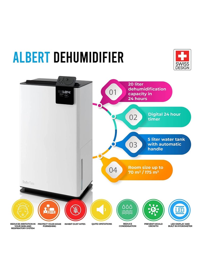 Stadler - Swiss Design Dehumidifier Ideal for Big Room 70sqm, Quiet Operation, 24H Digital Timer & Display, 5L Water Tank, Swing & Night Modes, Continuous Drainage (Albert)- 2 Years Warranty + Local Support - Image 1