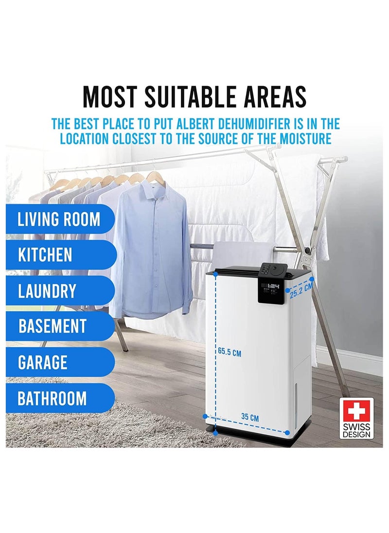 Stadler - Swiss Design Dehumidifier Ideal for Big Room 70sqm, Quiet Operation, 24H Digital Timer & Display, 5L Water Tank, Swing & Night Modes, Continuous Drainage (Albert)- 2 Years Warranty + Local Support - Image 1