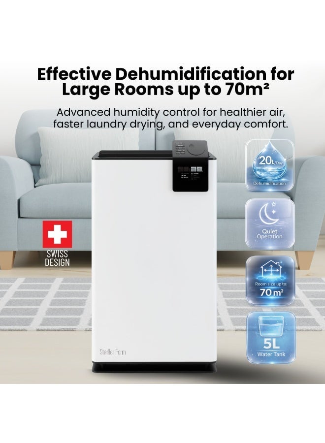 نموذج ستادلر Swiss Design Dehumidifier Ideal for Big Room 70sqm, Quiet Operation, 24H Digital Timer & Display, 5L Water Tank, Swing & Night Modes, Continuous Drainage (Albert)- 2 Years Warranty + Local Support - Image 2