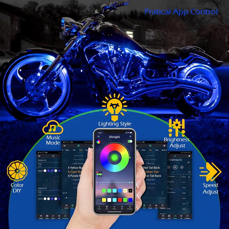 SHINIGHT 8 Pcs Motorcycle LED Light Kits, App Control Multicolor Waterproof Motorcycle LED Strip Lights with RF Remote, Music Sync & Multiple Scene Modes RGB LED Lights for Motorcycles - Image 3