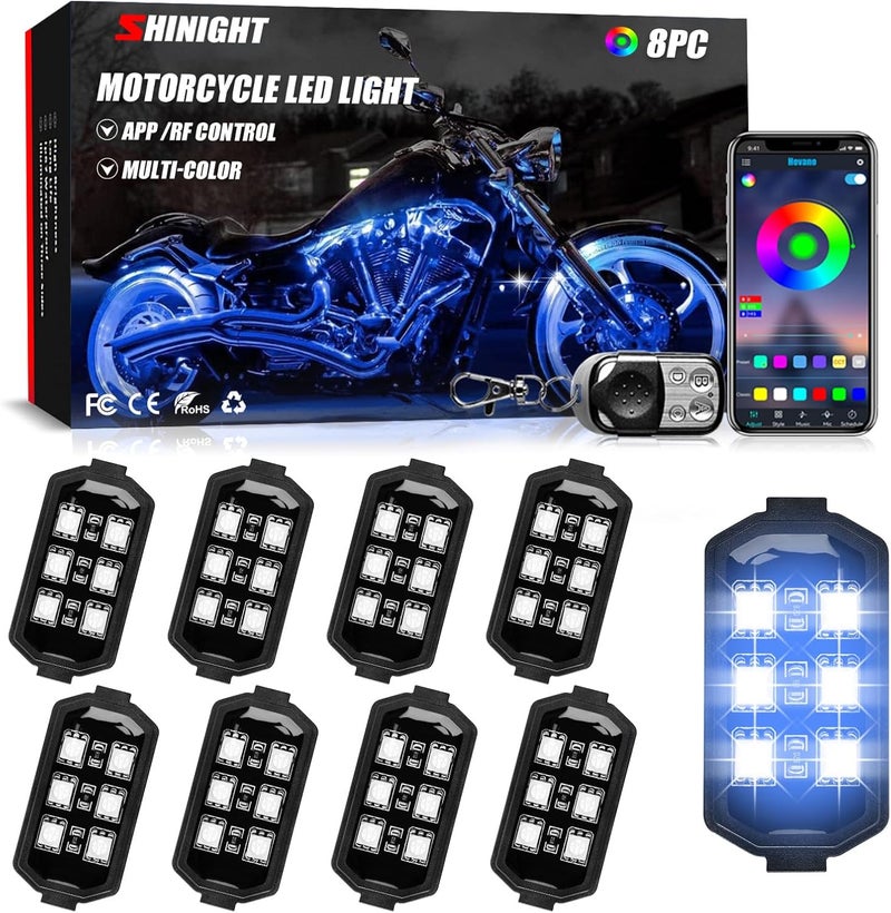 SHINIGHT 8 Pcs Motorcycle LED Light Kits, App Control Multicolor Waterproof Motorcycle LED Strip Lights with RF Remote, Music Sync & Multiple Scene Modes RGB LED Lights for Motorcycles - Image 1