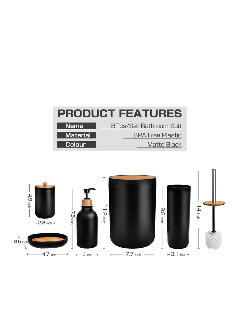 Arabest - Black Bathroom Accessory Set 8 Piece Set, Includes Wastebasket, Soap Dispenser & Toothbrush Holder Set, Soap Dish, Cotton Ball & Cotton Swab Holder, Toilet Brush & Brush Holder - Image 1