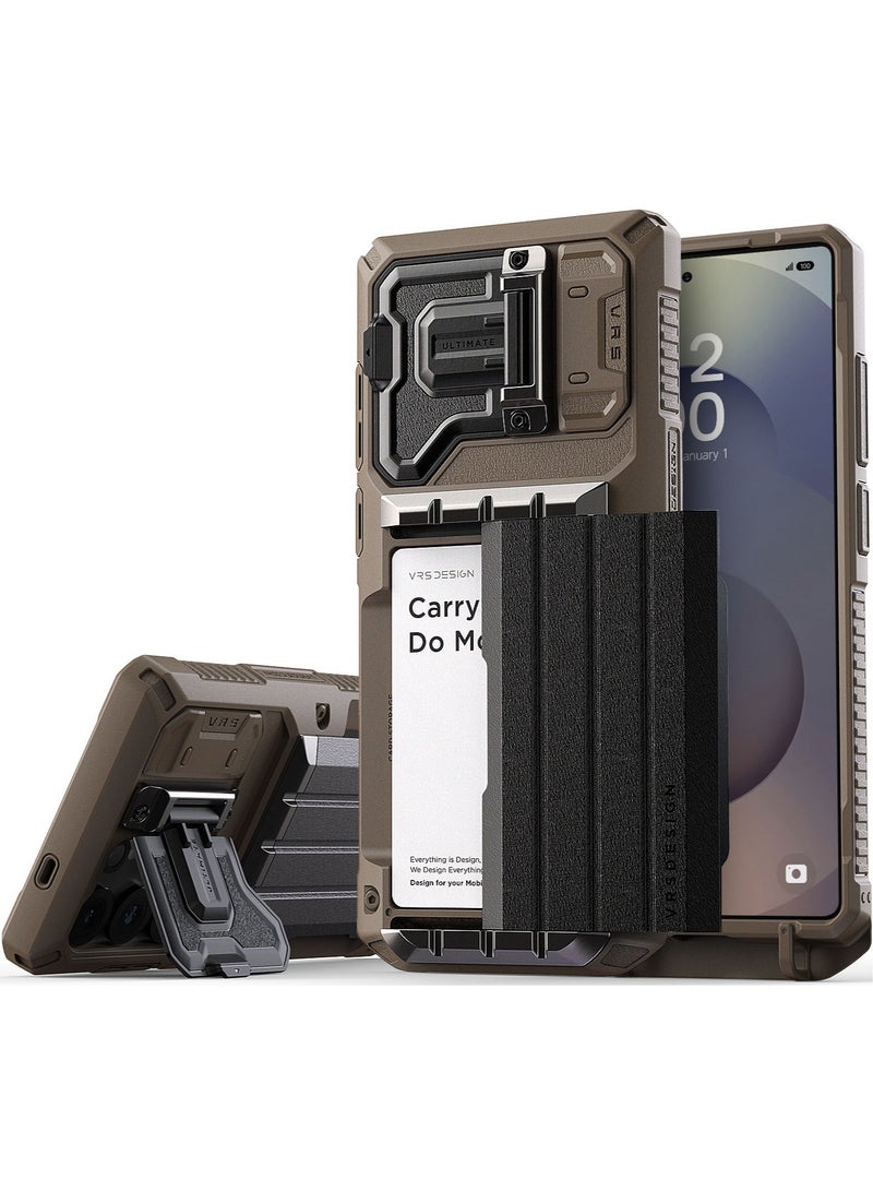 VRS Design Damda Glide Ultimate Samsung Galaxy S25 ULTRA Case Cover Wallet with Semi Automatic Credit Card Holder Slot [4 Cards] & Camera Lens Protector Kickstand - Khaki - Image 1