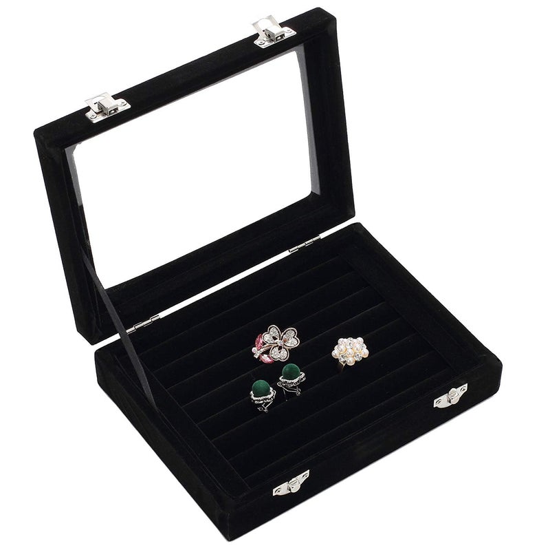 EONGOA Jewelry Box Rings Organizer Tray 7 Slots Velvet Jewelry Earring Storage Box With Transparent Lid Jewelry Display Case for Girls Women (Black) - Image 3