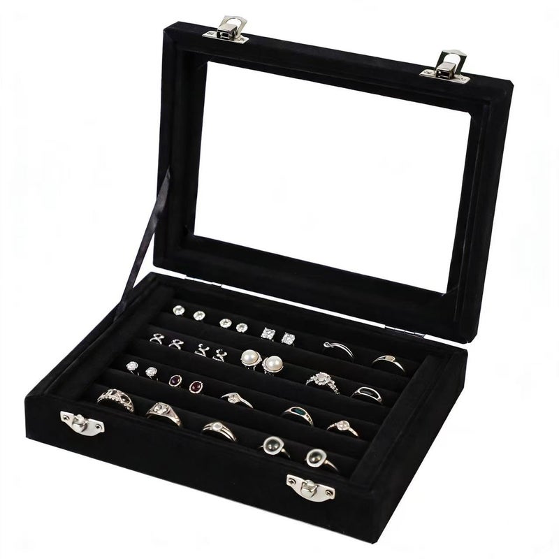 EONGOA Jewelry Box Rings Organizer Tray 7 Slots Velvet Jewelry Earring Storage Box With Transparent Lid Jewelry Display Case for Girls Women (Black) - Image 1