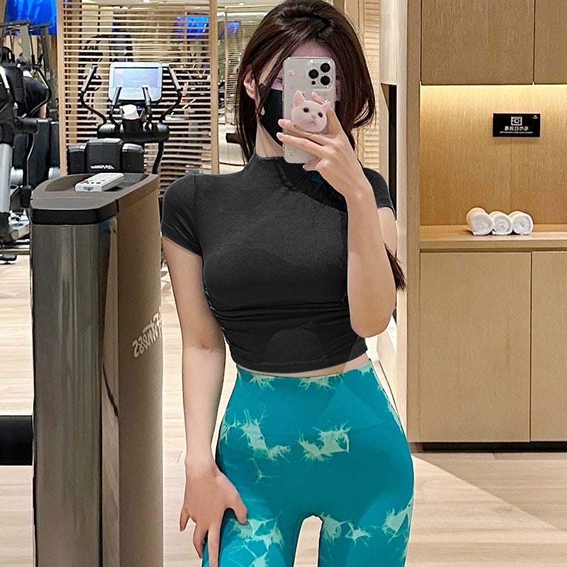 Pure Skinny Tight Small High Neck Short Navel Pure Color Pleated Short Sleeve Urban Sports T-Shirt Top For Women - Image 1