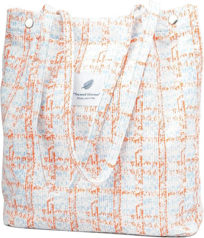 Lyrovo Women Corduroy Shoulder Tote Bag for Work Beach Travel and Shopping Grocery (Orange Checkered) - Image 1