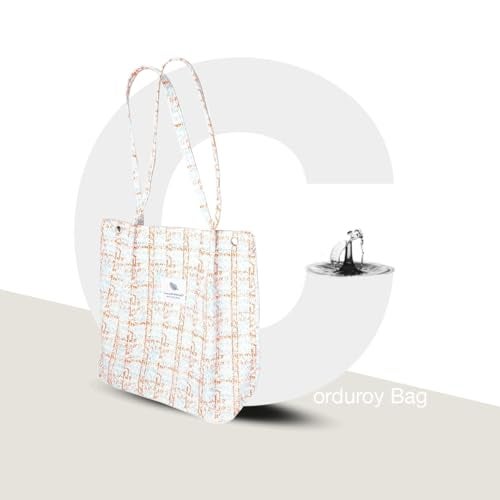 Lyrovo Women Corduroy Shoulder Tote Bag for Work Beach Travel and Shopping Grocery (Orange Checkered) - Image 2
